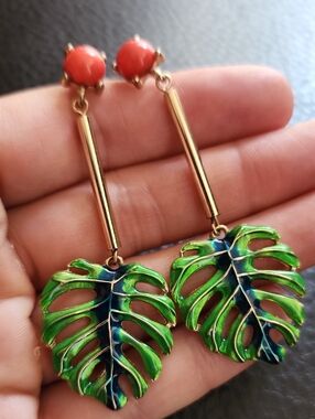 Green Enamel Monstera Leaf Drop Earrings with Coral Accents